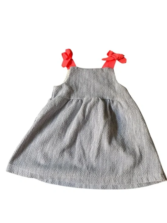 Girls Seersucker Stripe Dress with Coral Bow Straps - Picture 1 of 13